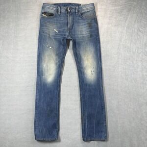 Diesel Thavar Jeans Men 27x30 Blue‎ Faded Slim Skinny 3D Stained Zip Fly 0663E
